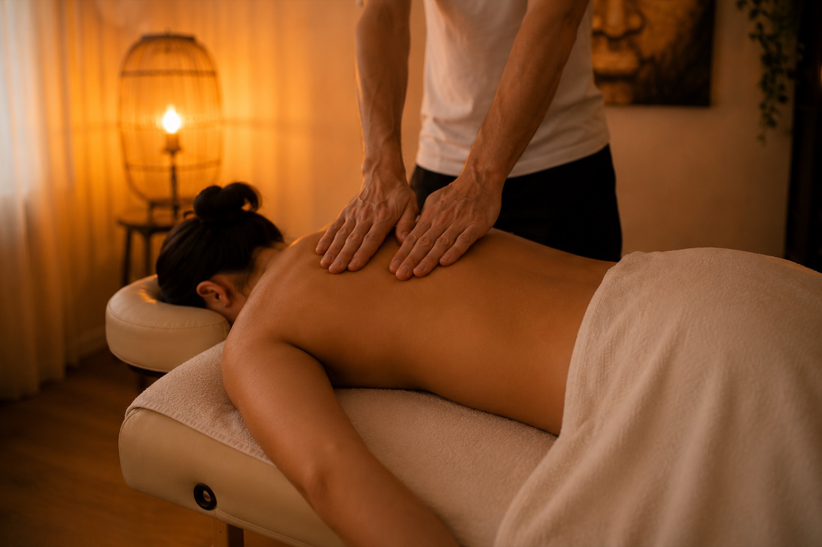 Een massagebehandeling in de praktijk, in warm licht